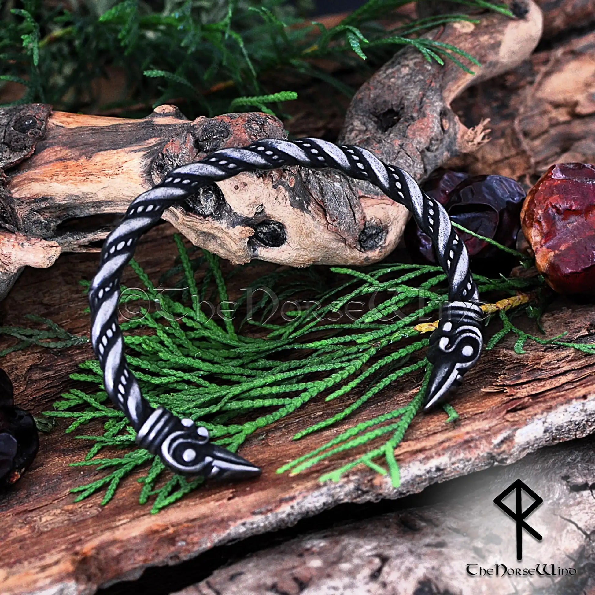 Viking Raven Head Bracelet, Odin's Ravens Torque Arm Ring in Gunmetal Stainless Steel