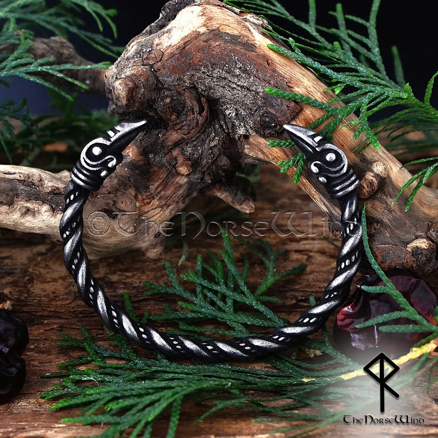 Viking Raven Head Bracelet, Odin's Ravens Torque Arm Ring in Gunmetal Stainless Steel