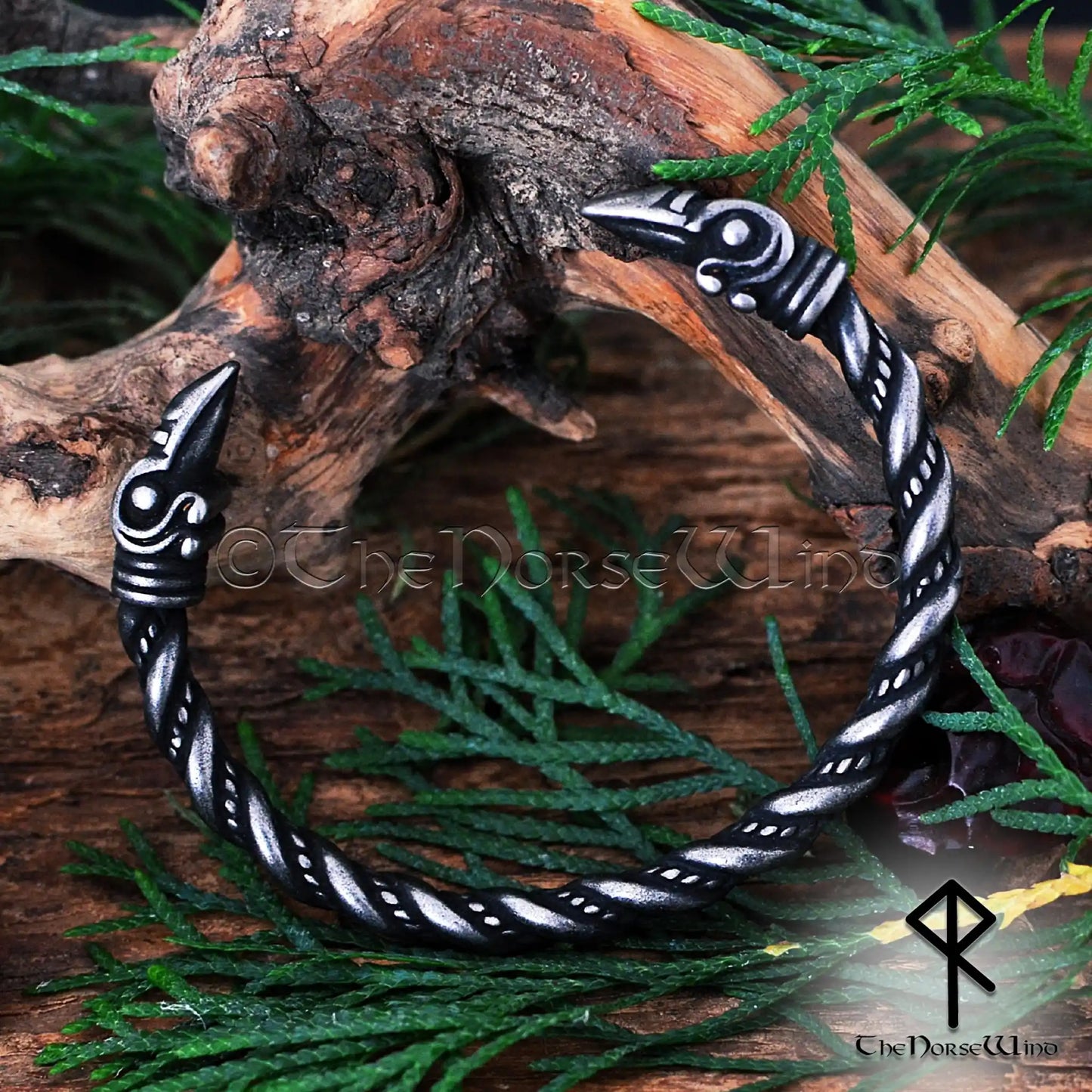 Viking Raven Head Bracelet, Odin's Ravens Torque Arm Ring in Gunmetal Stainless Steel