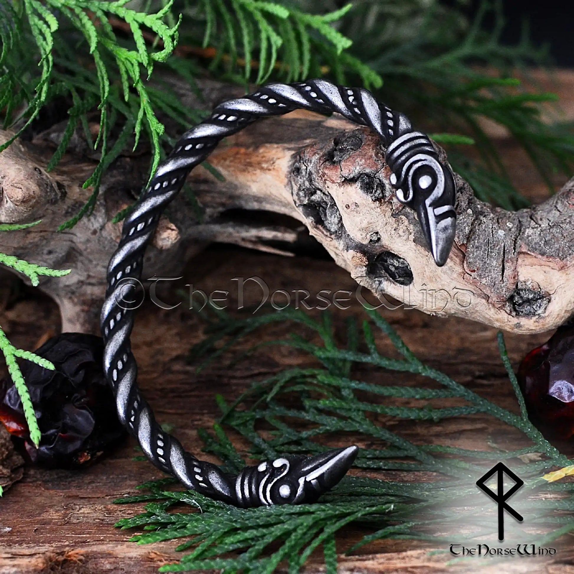 Viking Raven Head Bracelet, Odin's Ravens Torque Arm Ring in Gunmetal Stainless Steel