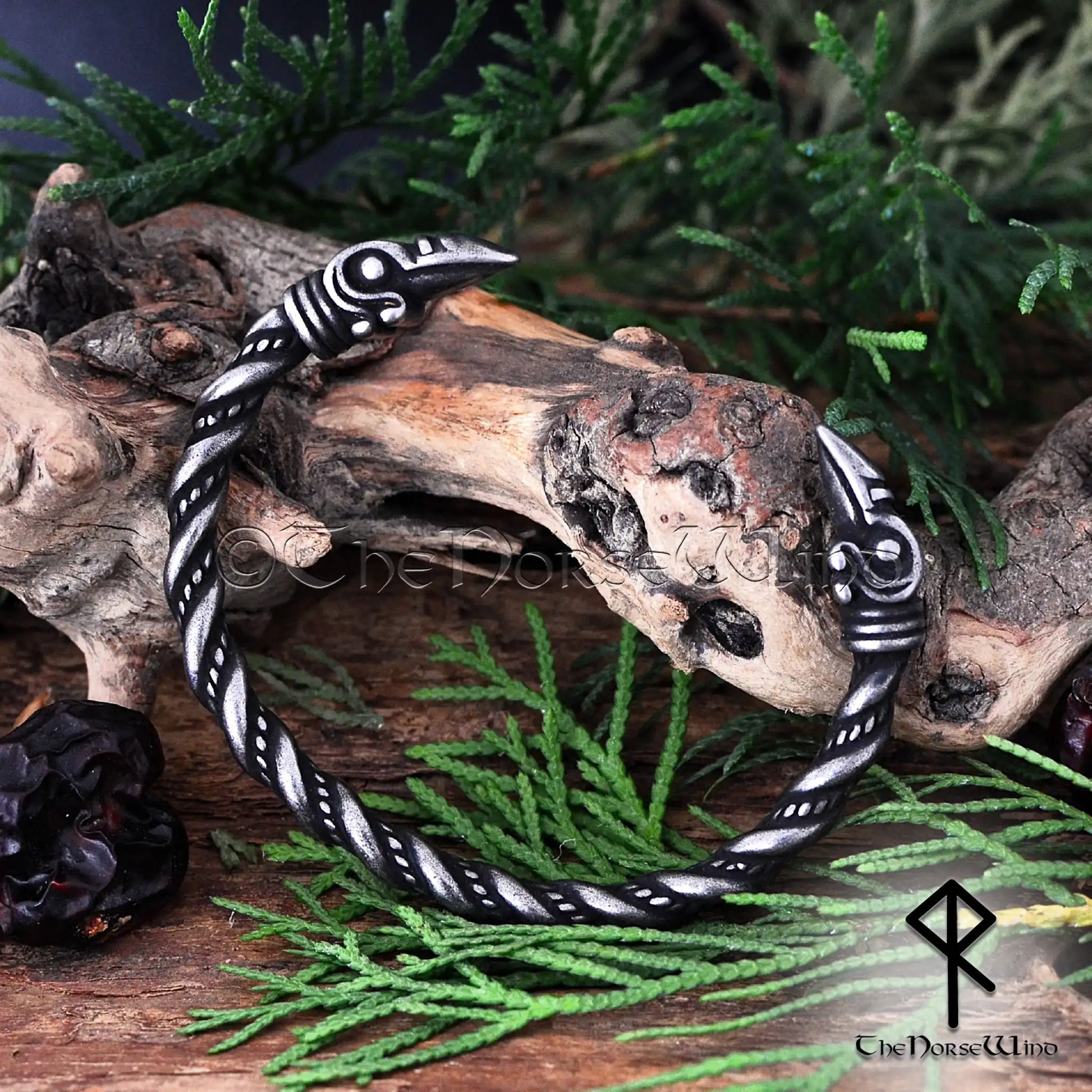 Viking Raven Head Bracelet, Odin's Ravens Torque Arm Ring in Gunmetal Stainless Steel