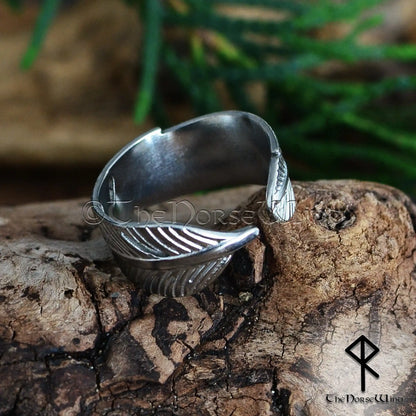 Viking Raven Feather Ring - Adjustable Stainless Steel Band