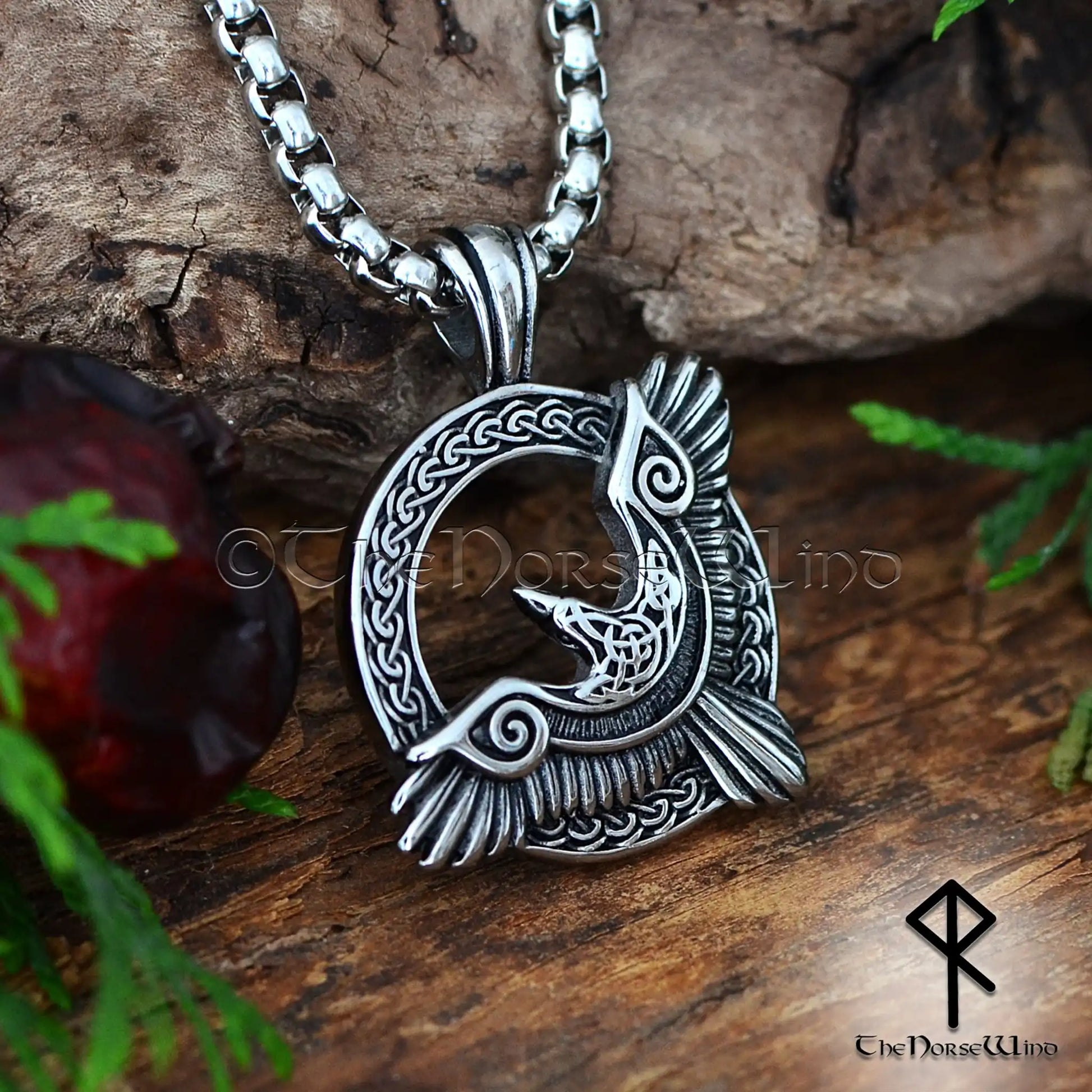 Flying Raven Viking Pendant - Stainless Steel Huginn and Muninn Norse Necklace