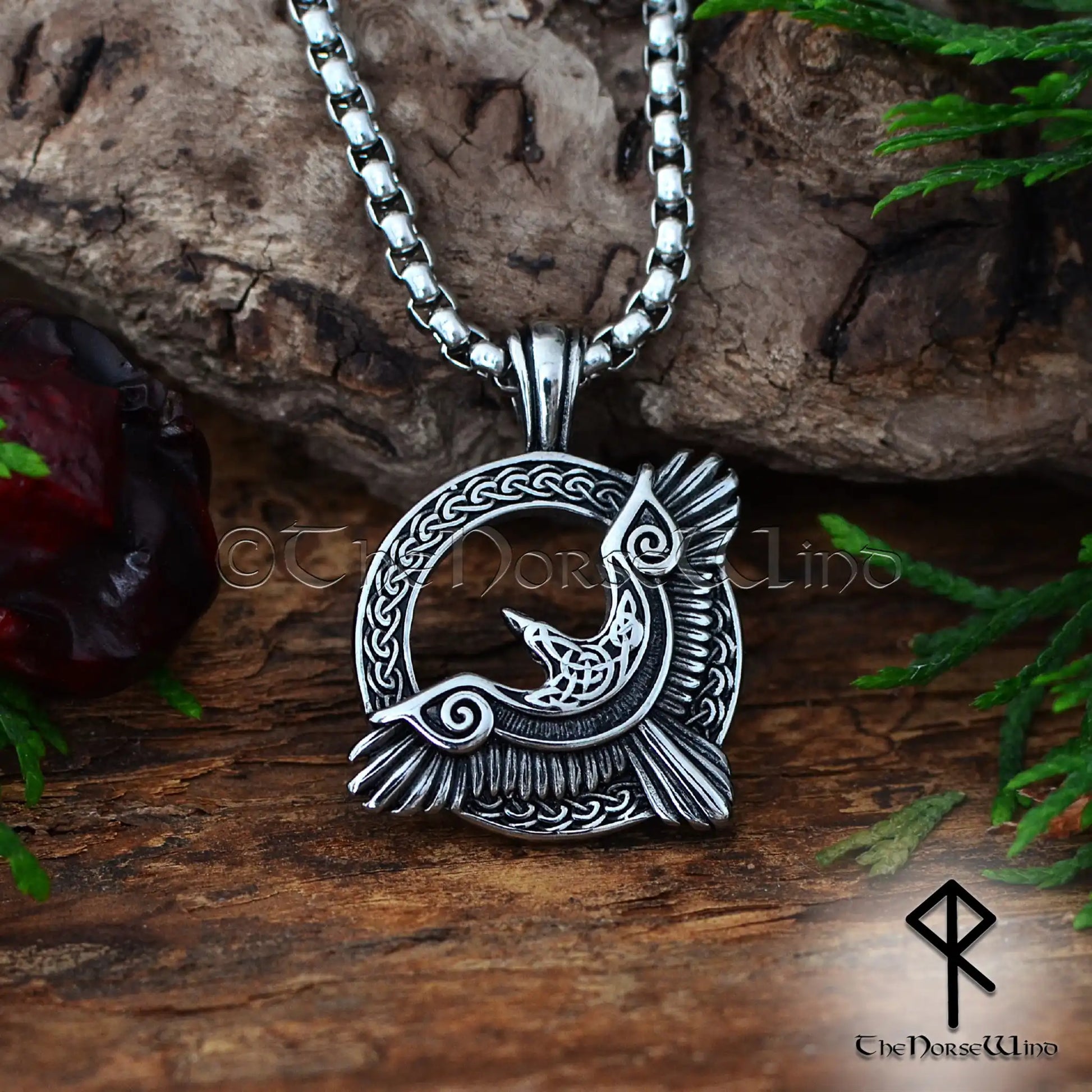 Flying Raven Viking Pendant - Stainless Steel Huginn and Muninn Norse Necklace