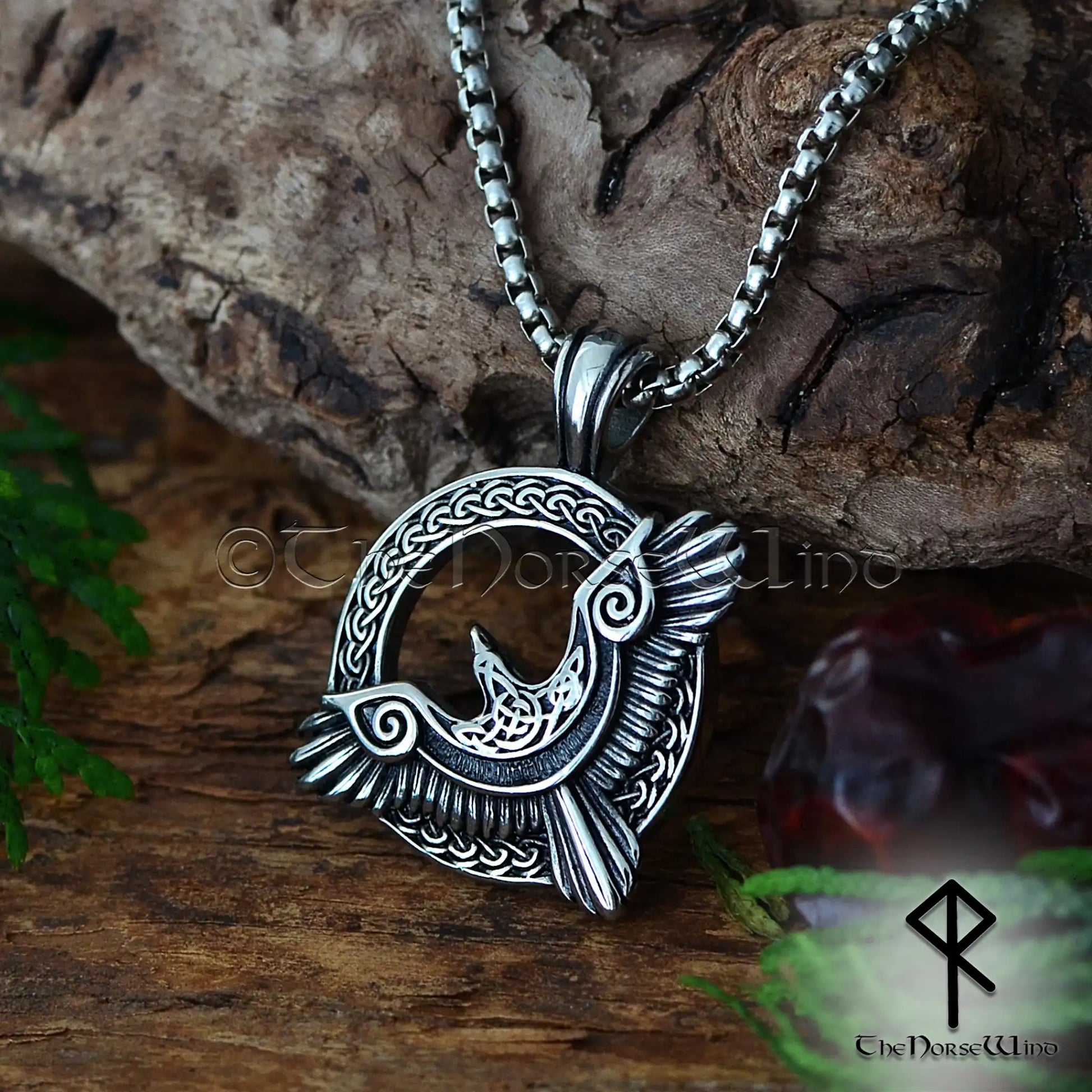 Flying Raven Viking Pendant - Stainless Steel Huginn and Muninn Norse Necklace