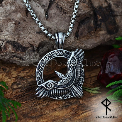 Flying Raven Viking Pendant - Stainless Steel Huginn and Muninn Norse Necklace