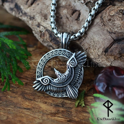 Flying Raven Viking Pendant - Stainless Steel Huginn and Muninn Norse Necklace