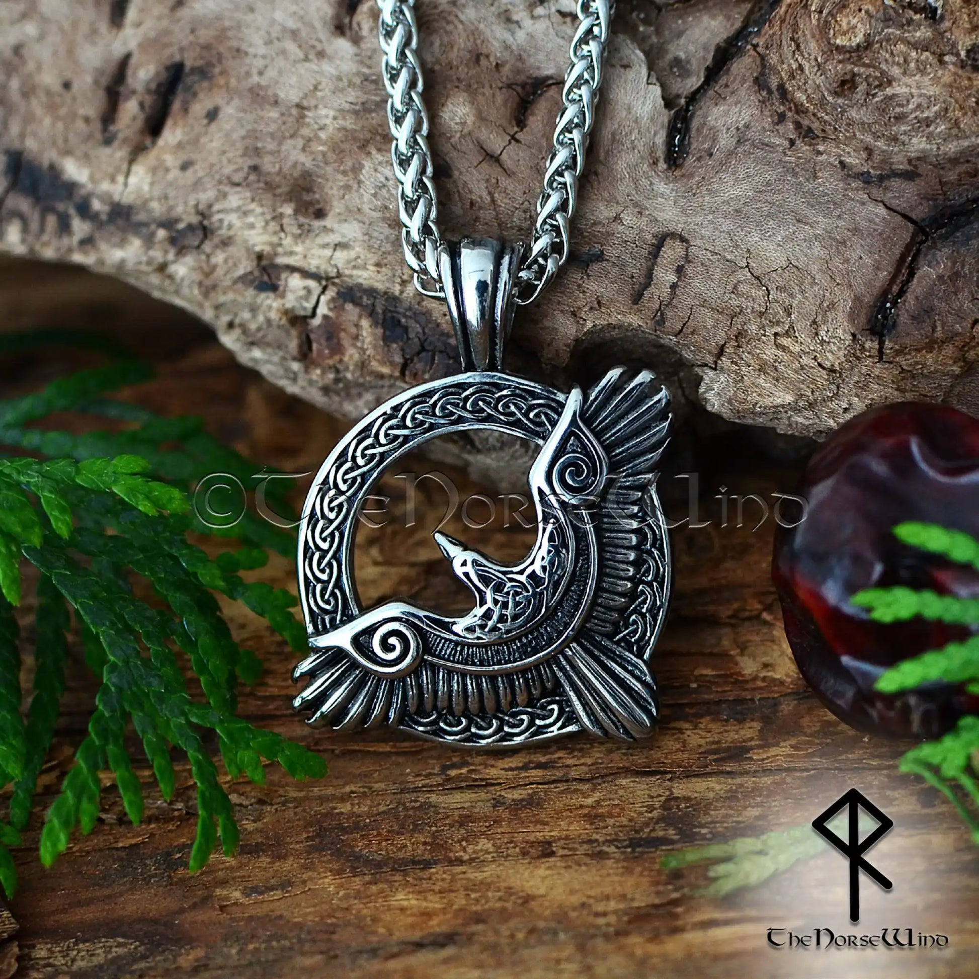 Flying Raven Viking Pendant - Stainless Steel Huginn and Muninn Norse Necklace