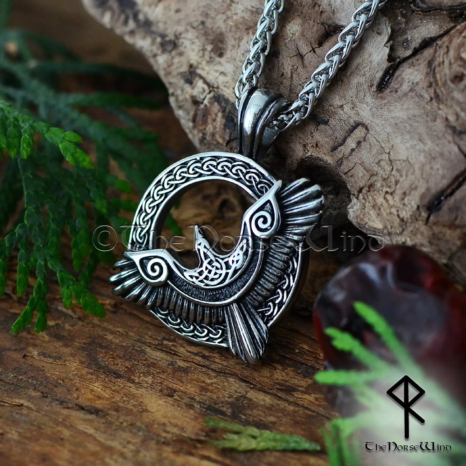 Flying Raven Viking Pendant - Stainless Steel Huginn and Muninn Norse Necklace