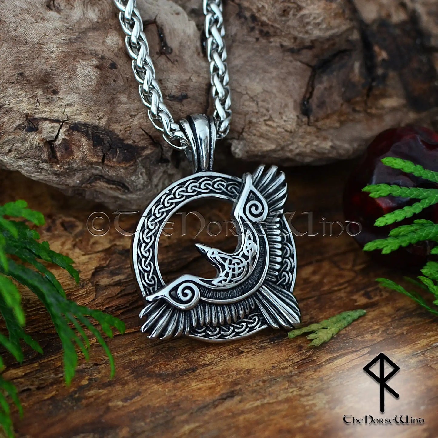 Flying Raven Viking Pendant - Stainless Steel Huginn and Muninn Norse Necklace