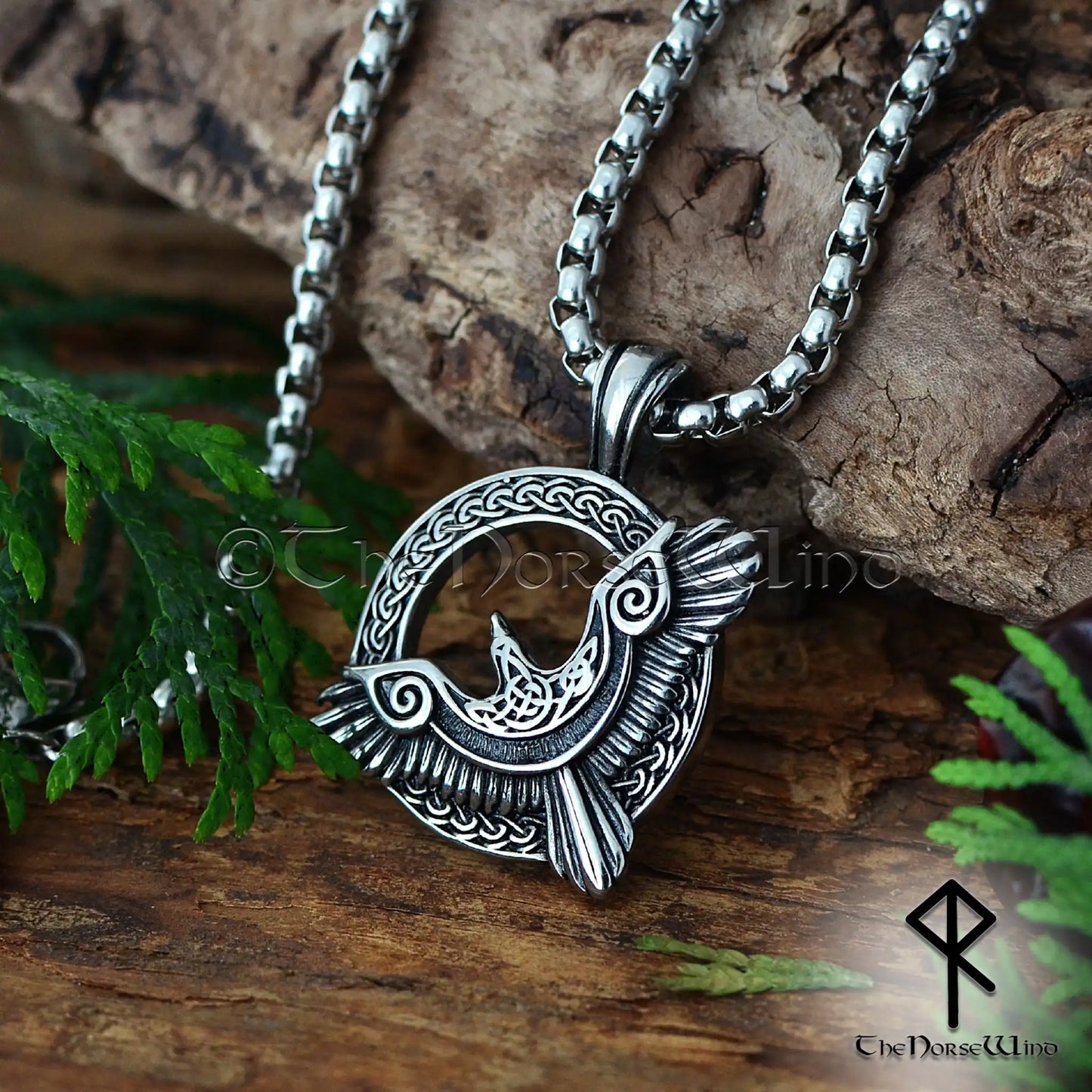 Flying Raven Viking Pendant - Stainless Steel Huginn and Muninn Norse Necklace