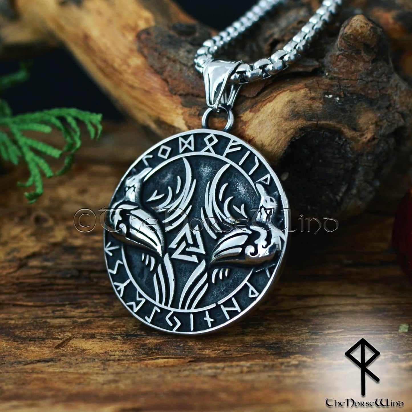 Viking Raven Necklace Huginn and Muninn Norse Pendant, Stainless Steel