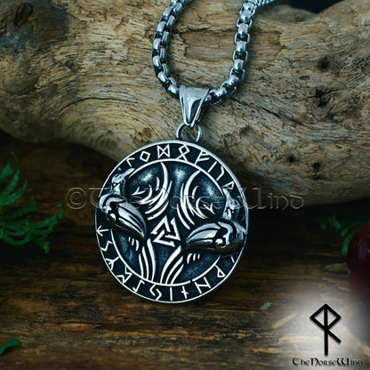 Viking Raven Necklace Huginn and Muninn Norse Pendant, Stainless Steel