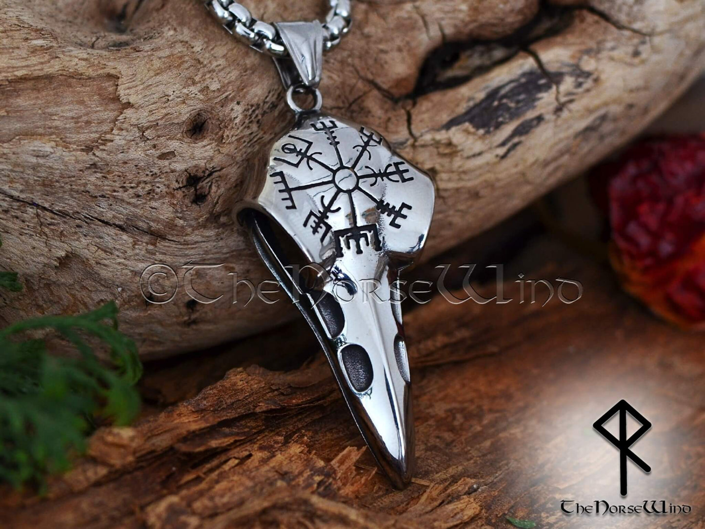 Viking Raven Skull Necklace with Vegvisir Symbol - Stainless Steel-The Norse Wind