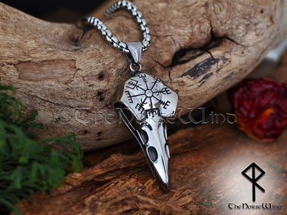 Viking Raven Skull Necklace with Vegvisir Symbol - Stainless Steel
