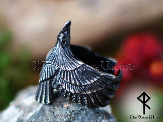 Viking Raven Ring, Flying Raven Black Steel Ring