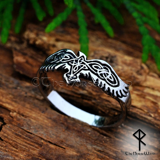 Viking Raven Ring with Celtic Knotwork – Stainless Steel Norse Ring