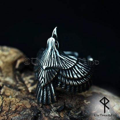 Viking Raven Ring, Flying Odin's Raven Silver Ring