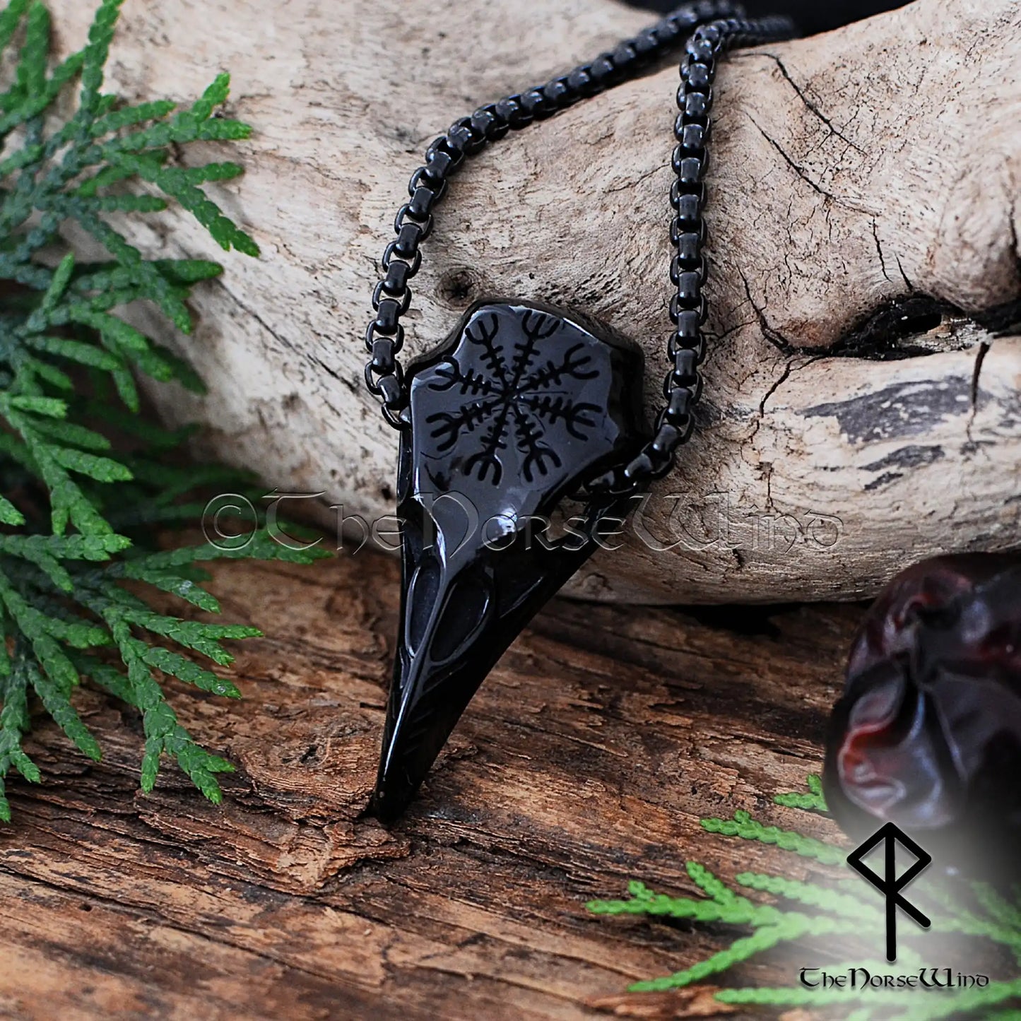 Viking Raven Skull Necklace — Helm of Awe (Aegishjalmur), Black Stainless Steel