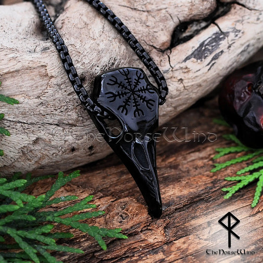 Viking Raven Skull Necklace — Helm of Awe (Aegishjalmur), Black Stainless Steel