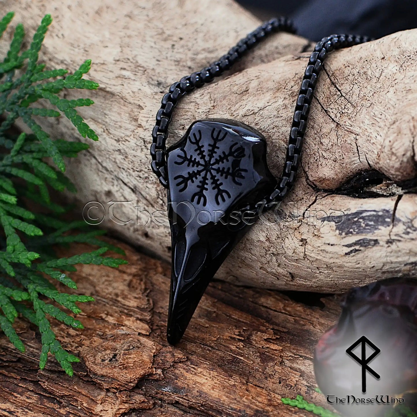 Viking Raven Skull Necklace — Helm of Awe (Aegishjalmur), Black Stainless Steel
