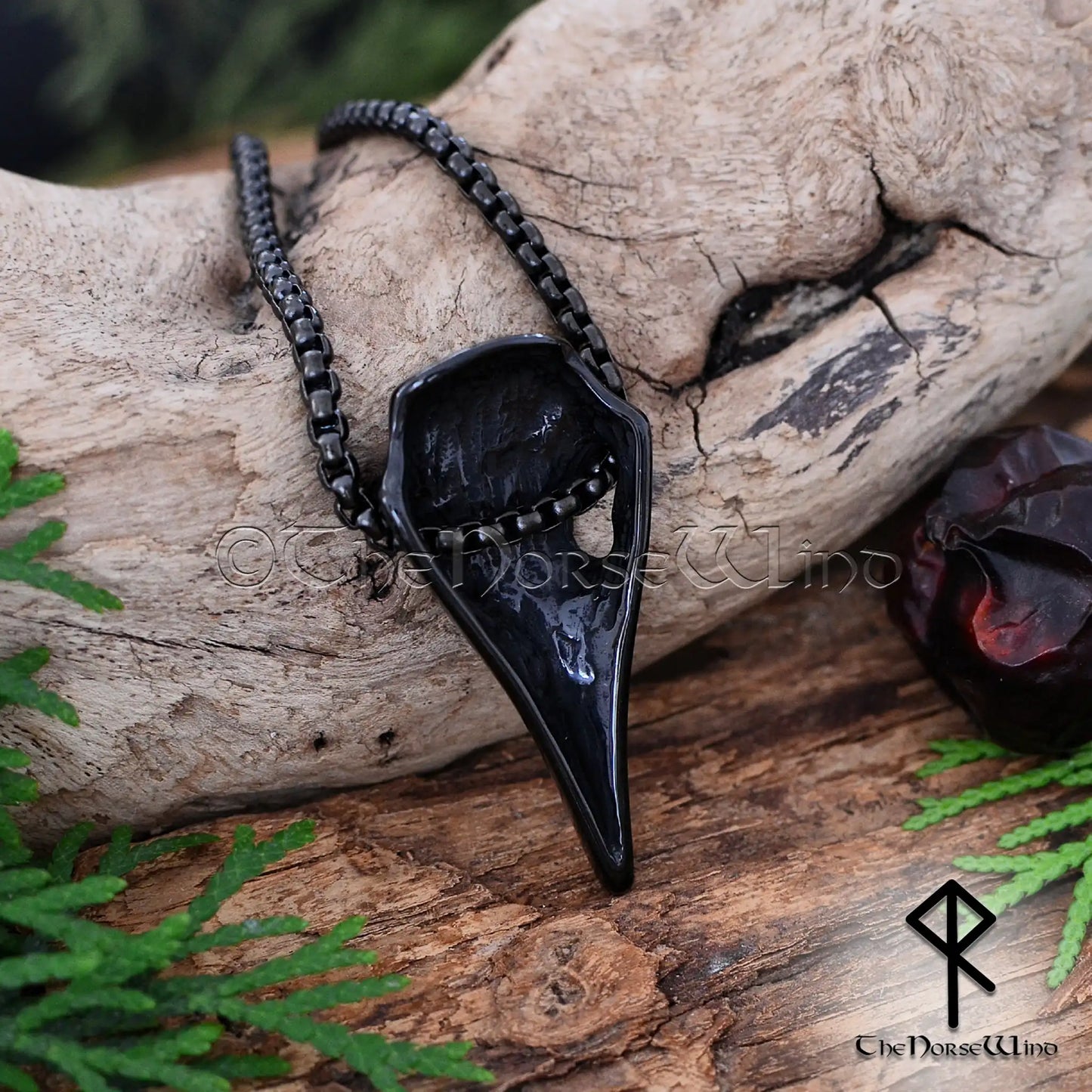 Viking Raven Skull Necklace — Helm of Awe (Aegishjalmur), Black Stainless Steel