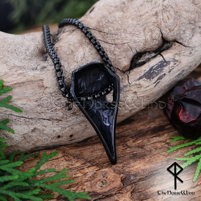 Viking Raven Skull Necklace — Helm of Awe (Aegishjalmur), Black Stainless Steel