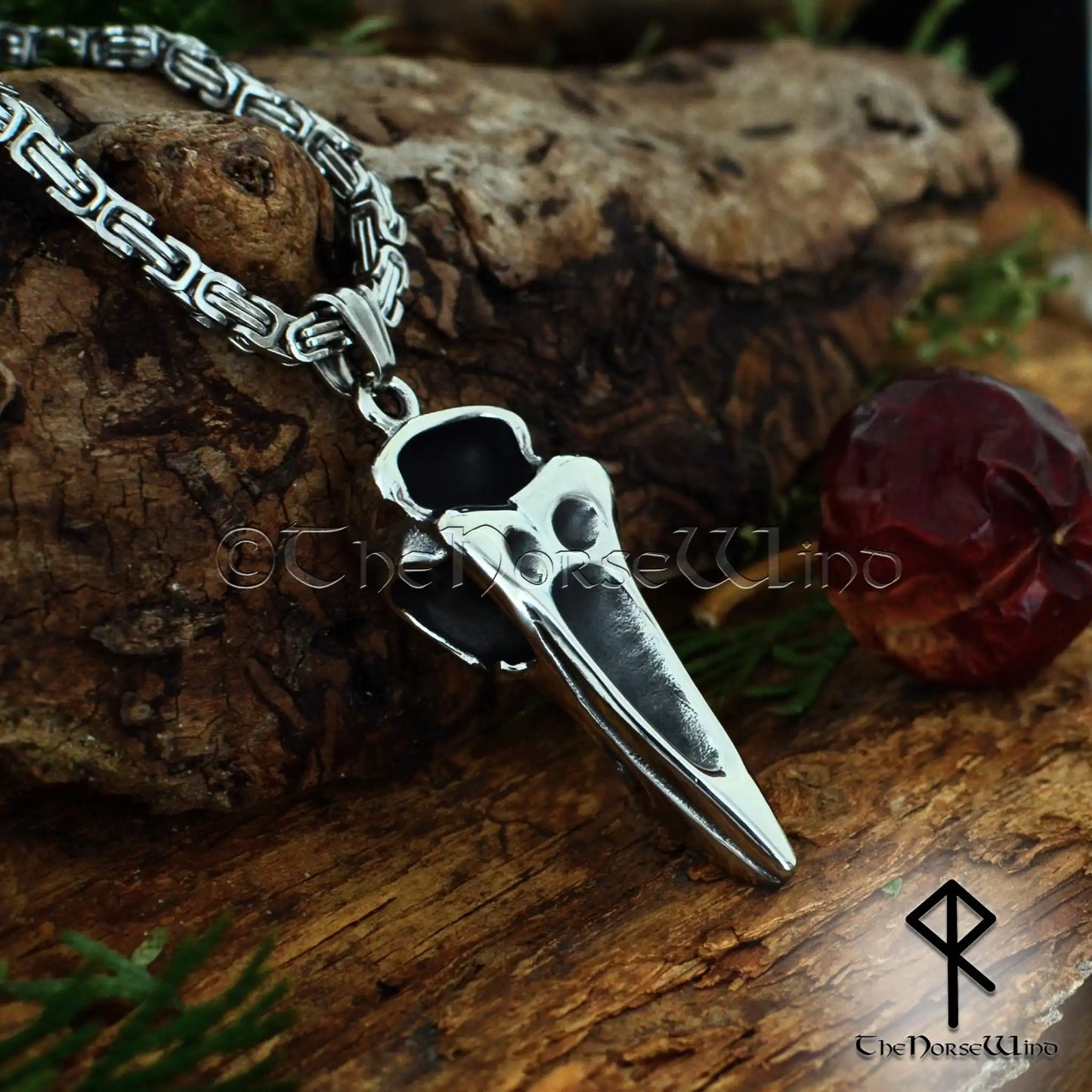 Viking Raven Skull Necklace, Odin's Raven Norse Pendant