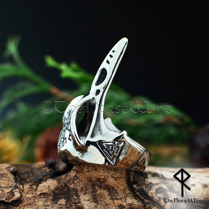 Viking Raven Skull Ring with Vegvisir & Valknut - Stainless Steel