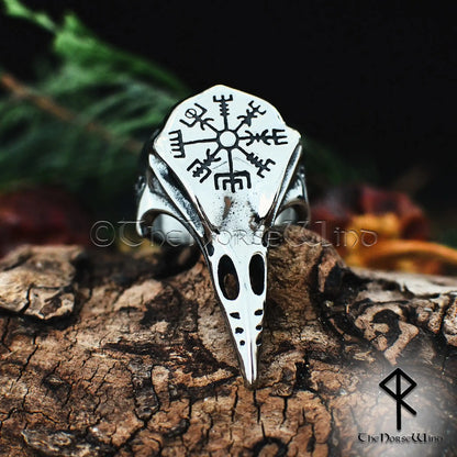 Viking Raven Skull Ring with Vegvisir & Valknut - Stainless Steel