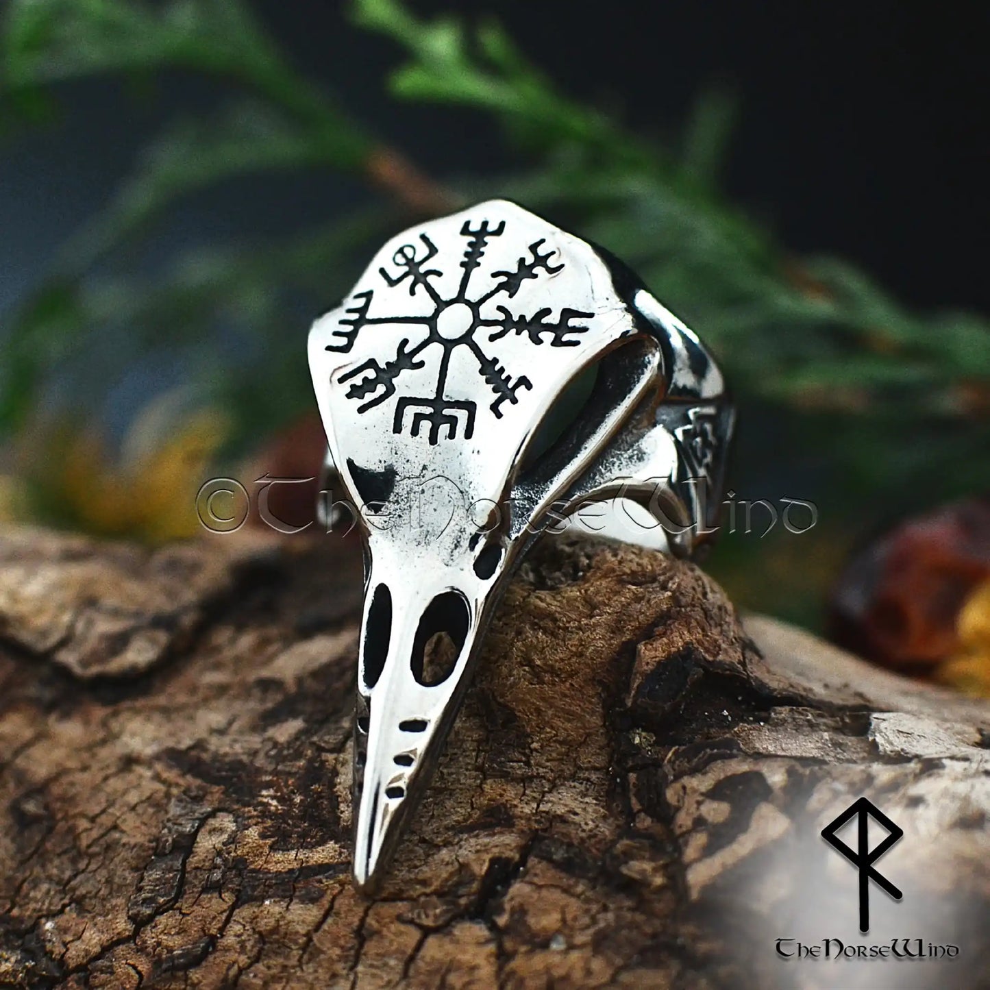 Viking Raven Skull Ring with Vegvisir & Valknut - Stainless Steel