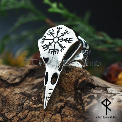 Viking Raven Skull Ring with Vegvisir & Valknut - Stainless Steel