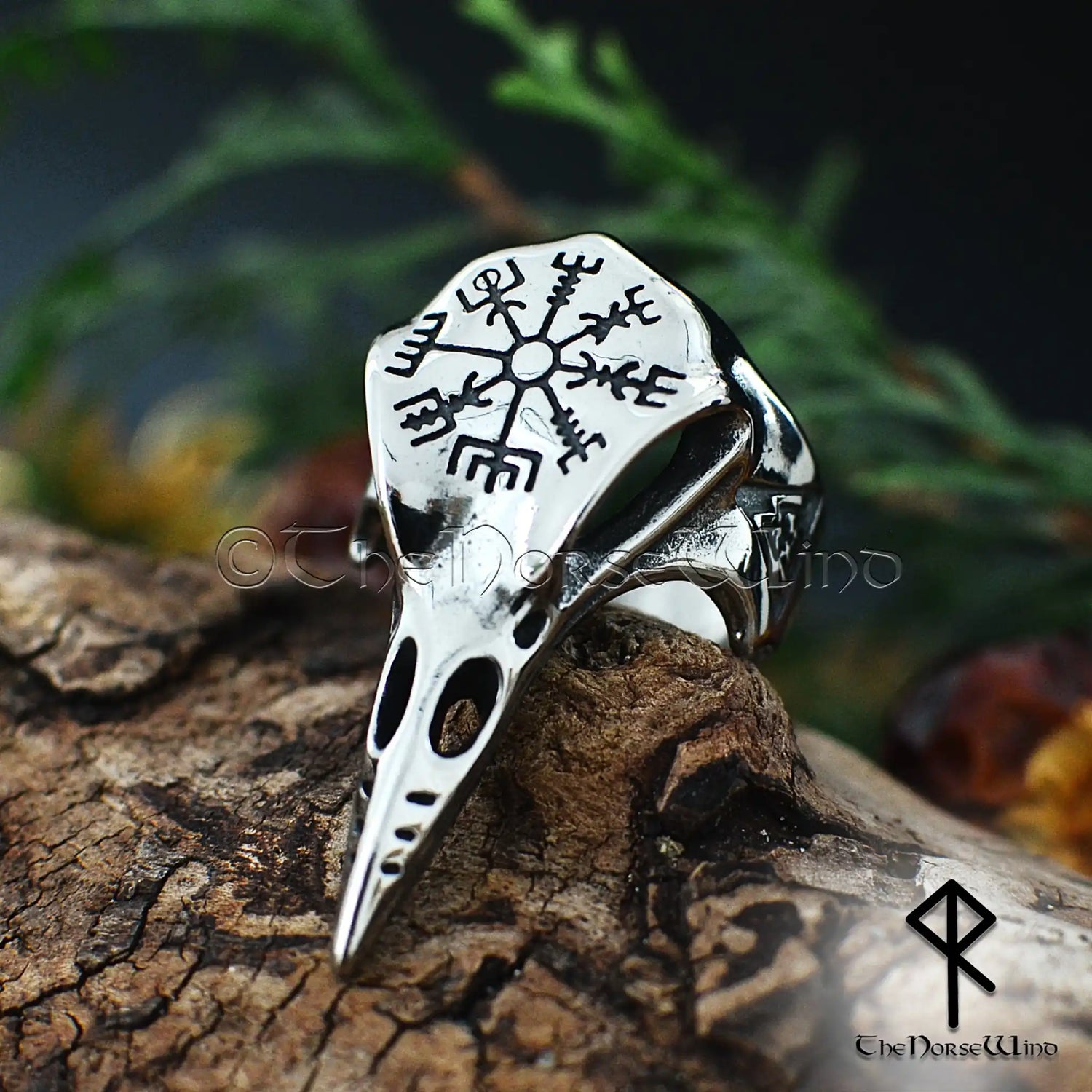 Viking Raven Skull Ring with Vegvisir & Valknut - Stainless Steel