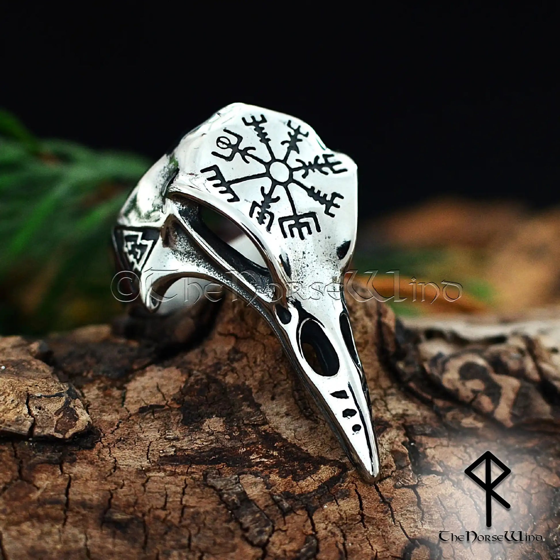 Viking Raven Skull Ring with Vegvisir & Valknut - Stainless Steel