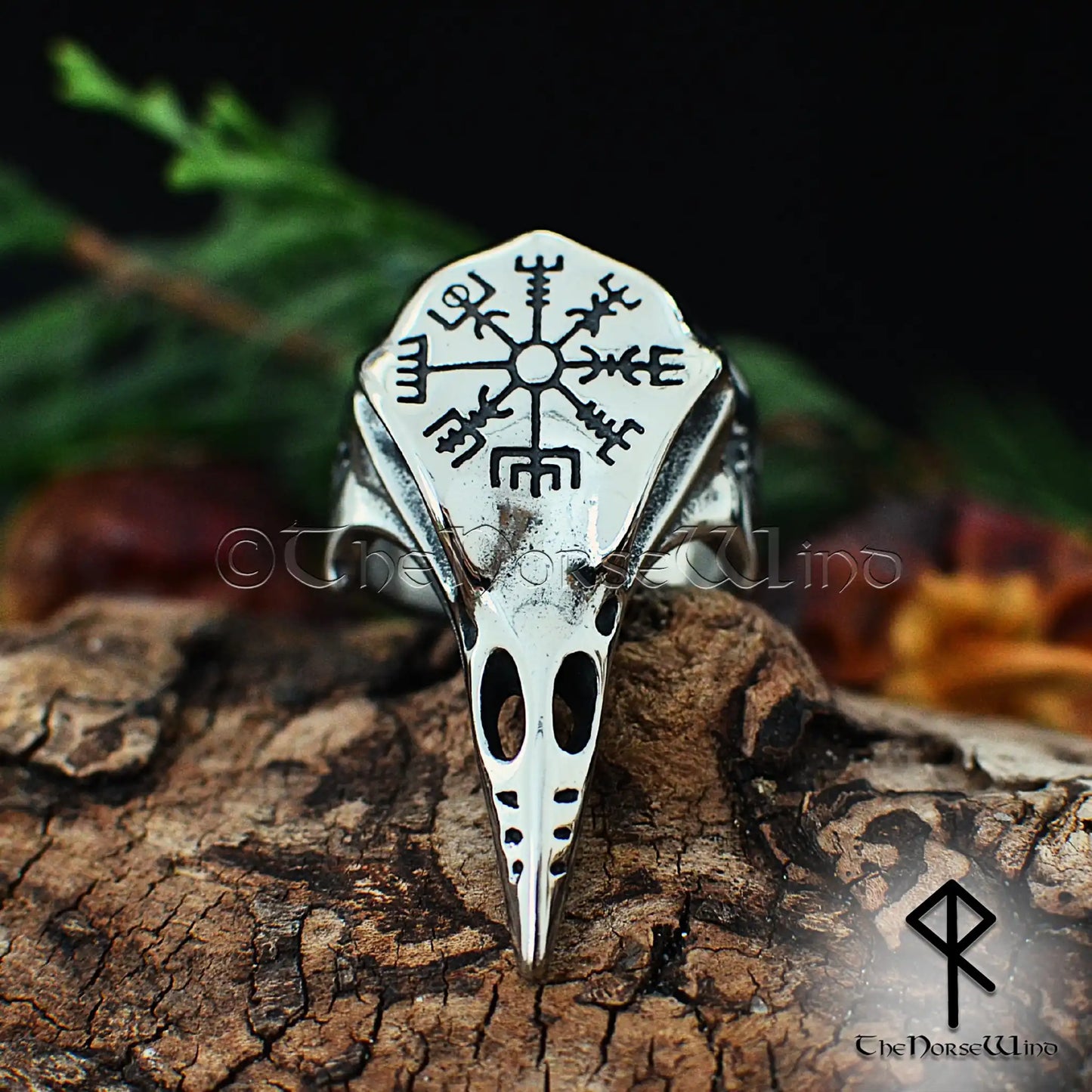 Viking Raven Skull Ring with Vegvisir & Valknut - Stainless Steel