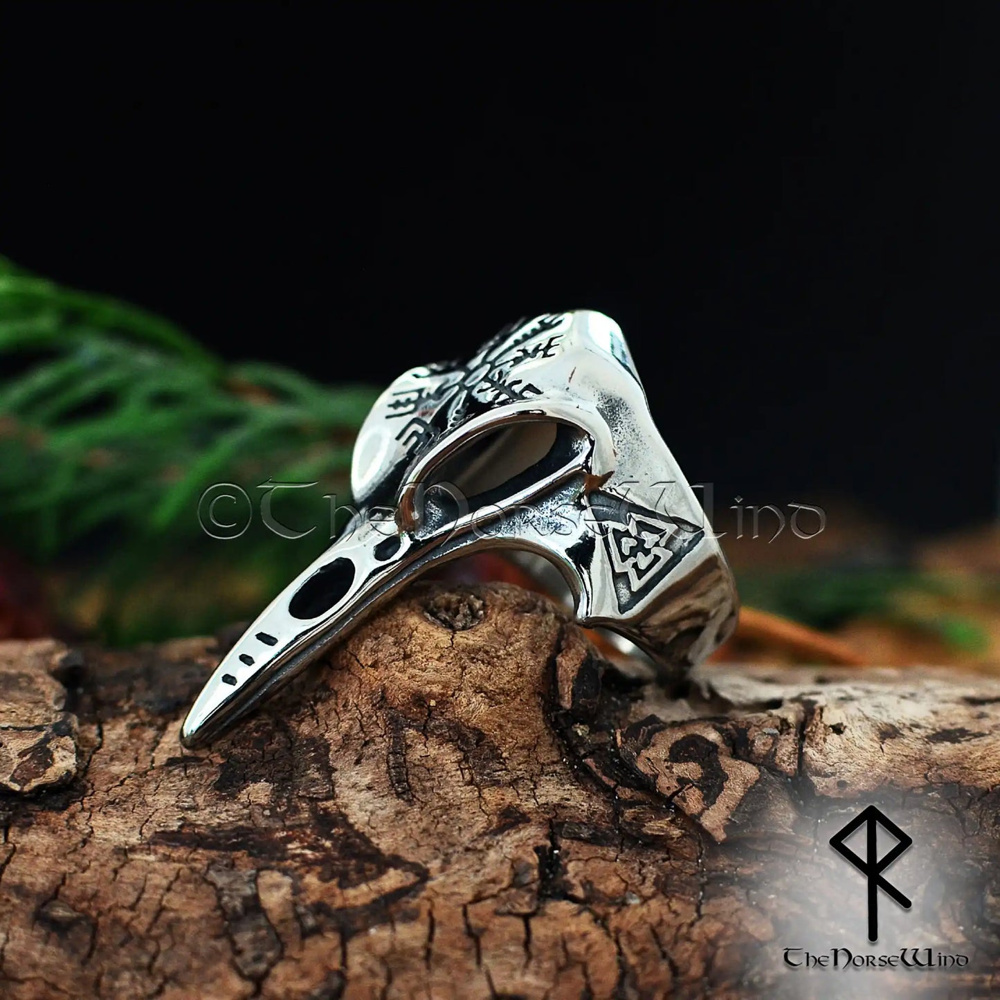 Viking Raven Skull Ring with Vegvisir & Valknut - Stainless Steel