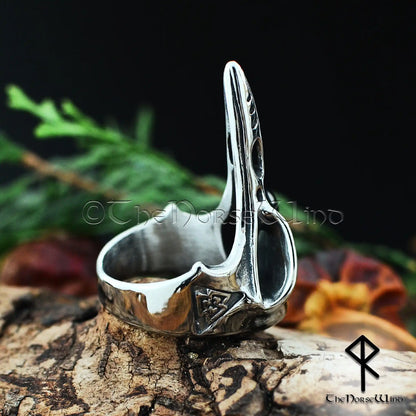 Viking Raven Skull Ring with Vegvisir & Valknut - Stainless Steel