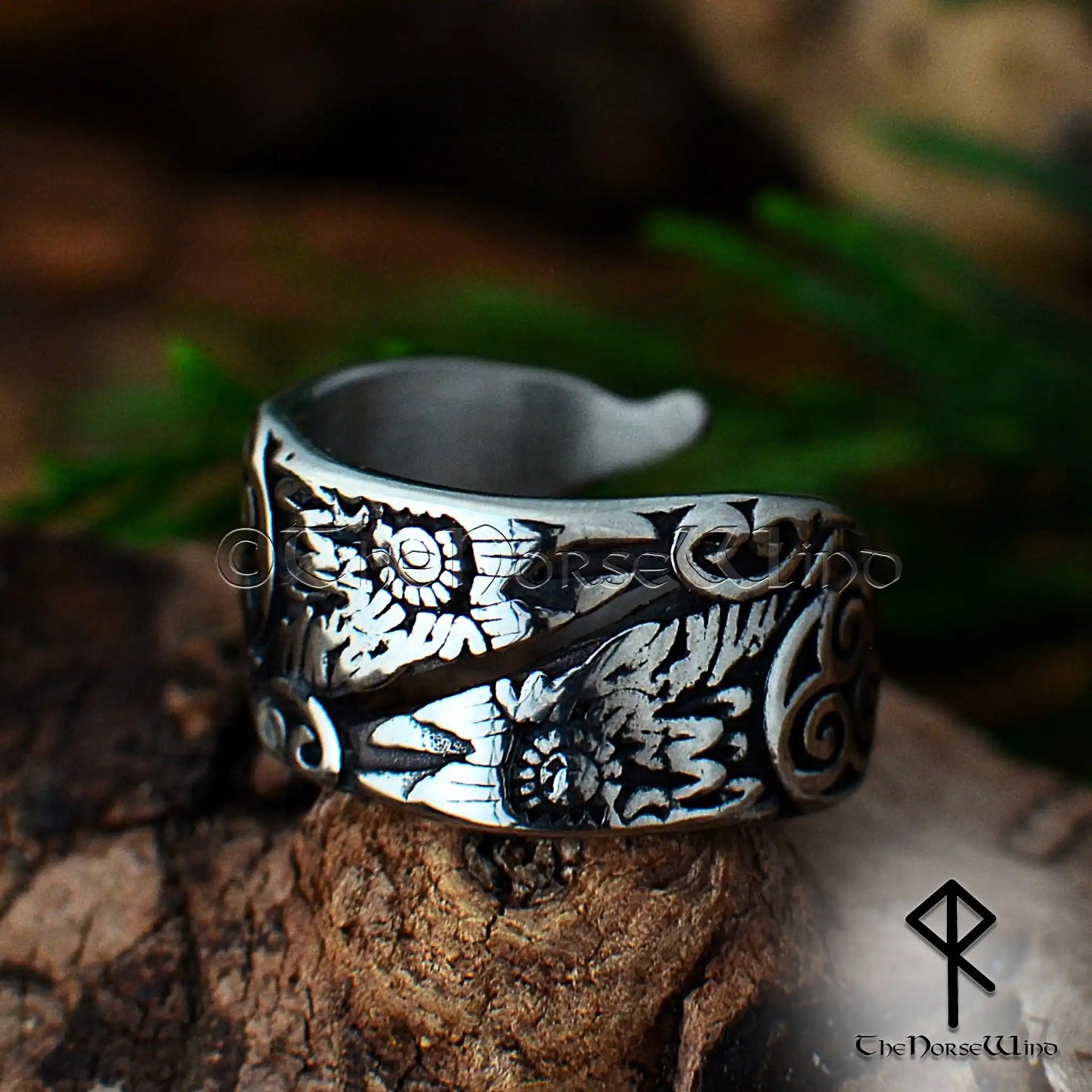 Odin's Ravens Viking Ring, Huginn & Muninn Stainless Steel Jewelry