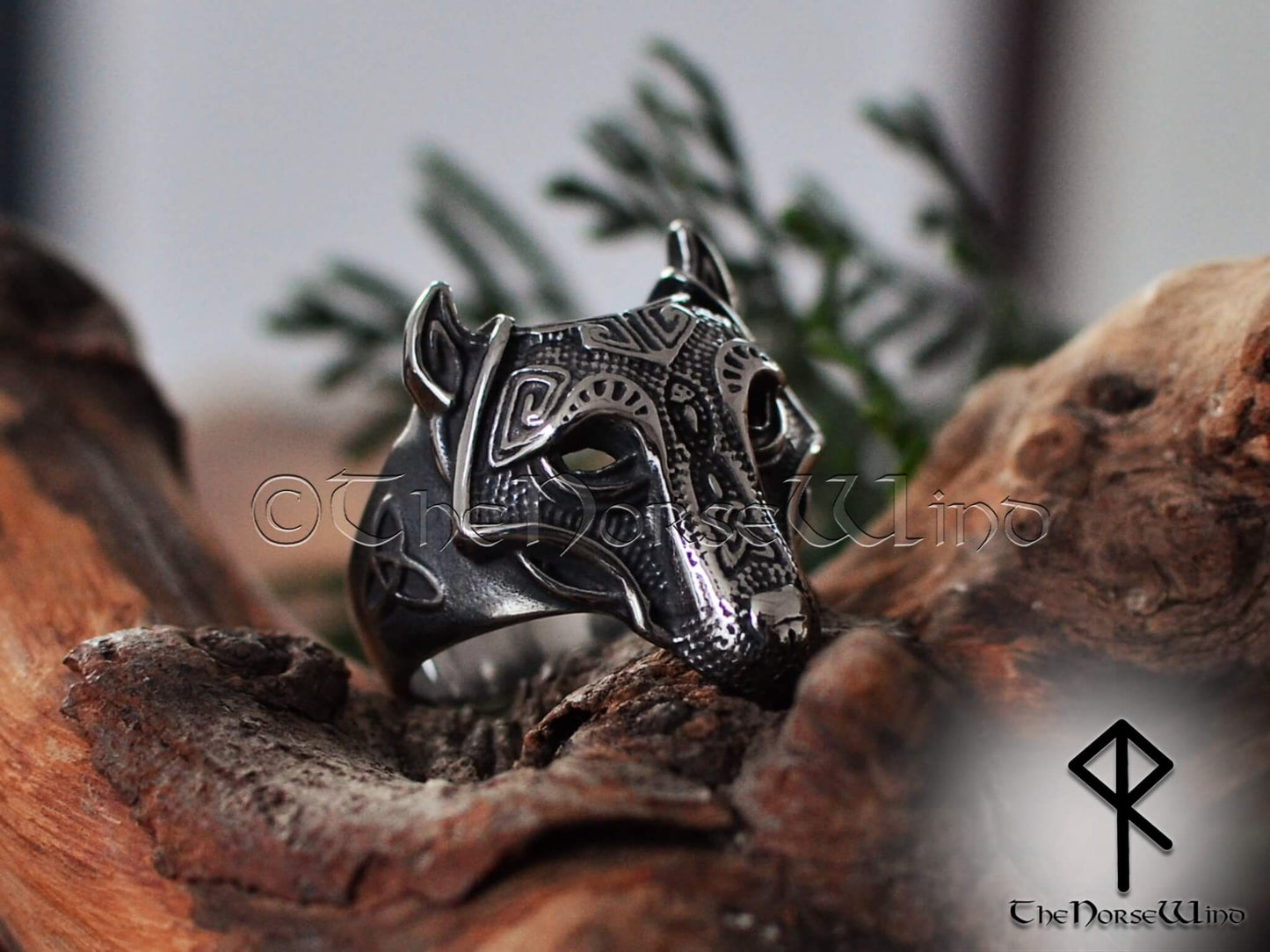 Fenrir Wolf Head Viking Ring, Solid Norse Men's Steel Ring