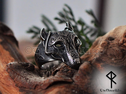 Fenrir Wolfskopf Wikinger Ring, massiver nordischer Herrenring aus Stahl