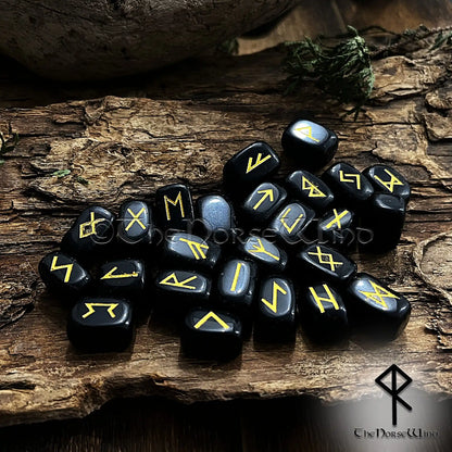 Black Obsidian Viking Runes Stones Set Elder Futhark