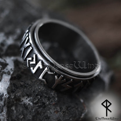 Elder Futhark Runes Spinner Ring - Stainless Steel Viking Wedding Band
