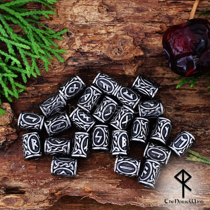 Viking Runes Beads - Set of 24 Futhark Beard Rings, Stainless Steel - The Norse Wind