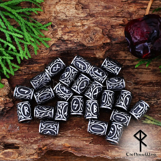 Viking Runes Beads - Set of 24 Futhark Beard Rings, Stainless Steel