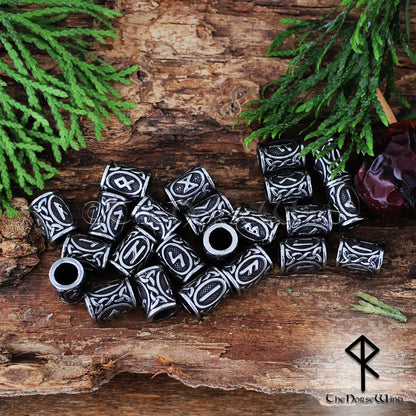 Viking Runes Beads - Set of 24 Futhark Beard Rings, Stainless Steel - The Norse Wind