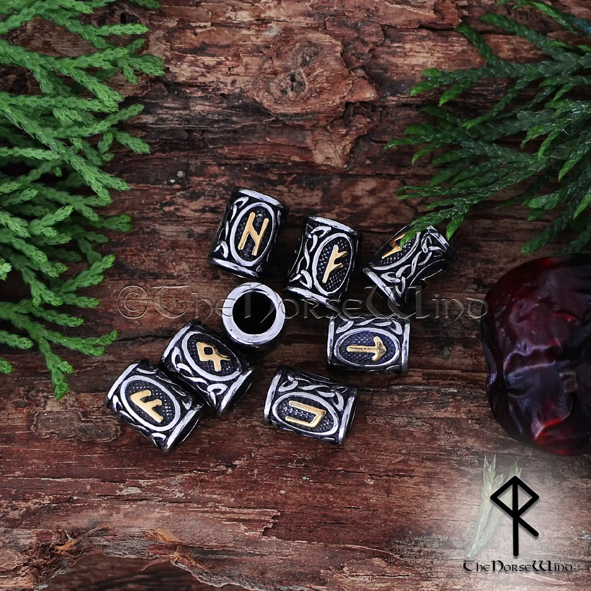 Blue Rune Bead Viking Runes Beads Set - 24 Futhark Beard Rings, 14K Gold & Stainless ...