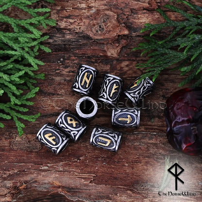 Viking Runes Beads Set - 24 Futhark Beard Rings, 14K Gold & Stainless Steel