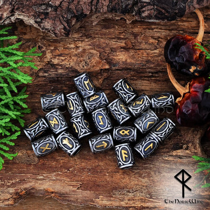 Viking Runes Beads Set - 24 Futhark Beard Rings, 14K Gold & Stainless Steel