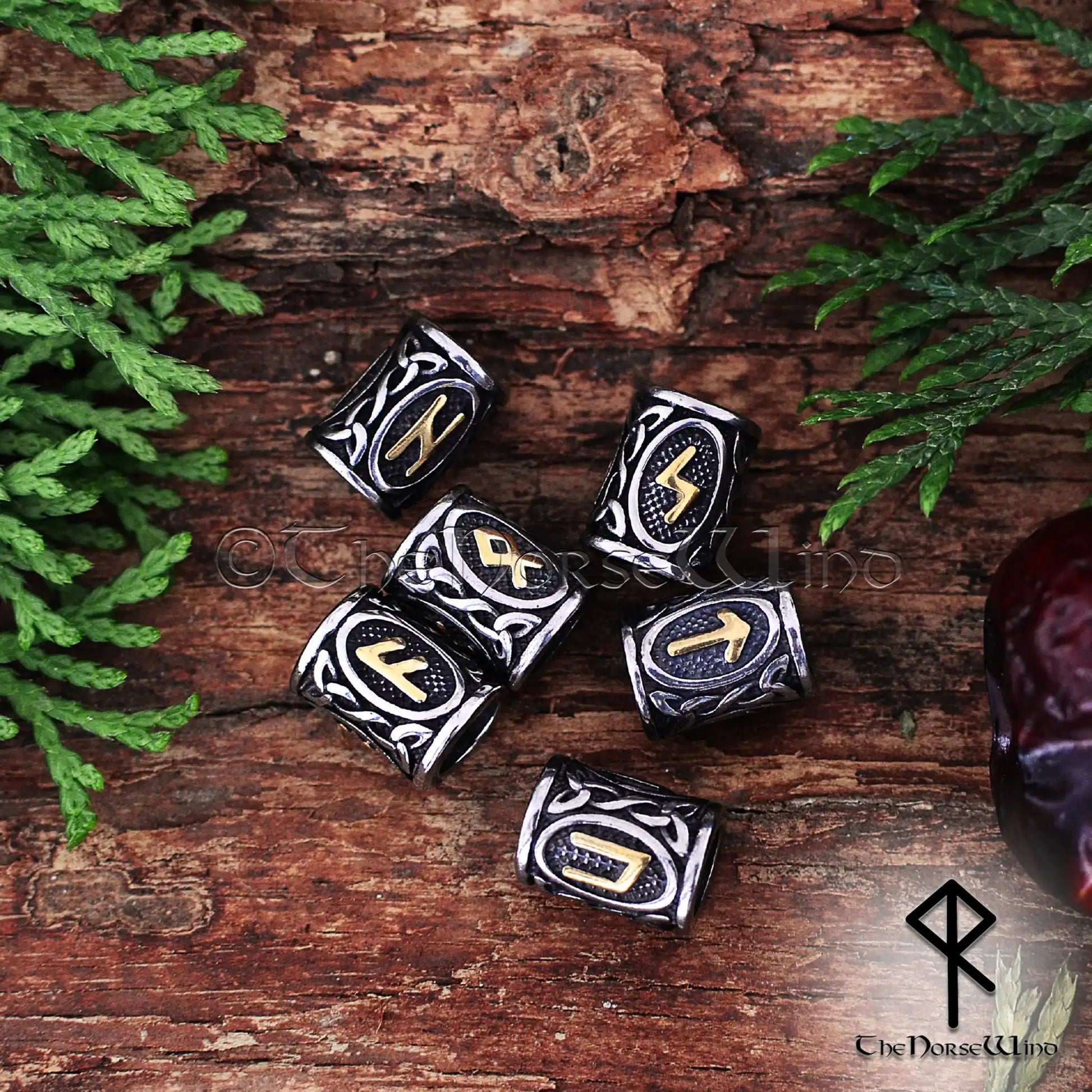 Viking Runes Beads Set - 24 Futhark Beard Rings, 14K Gold & Stainless Steel