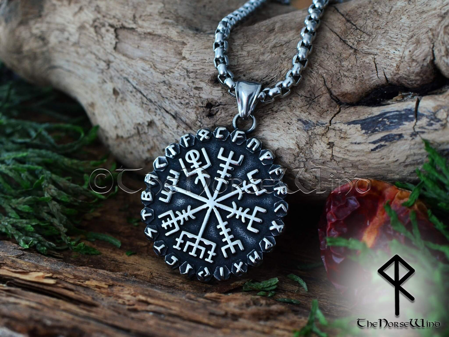 Vegvisir Viking Necklace with Helm of Awe Norse Runes Pendant in Silver or Gold
